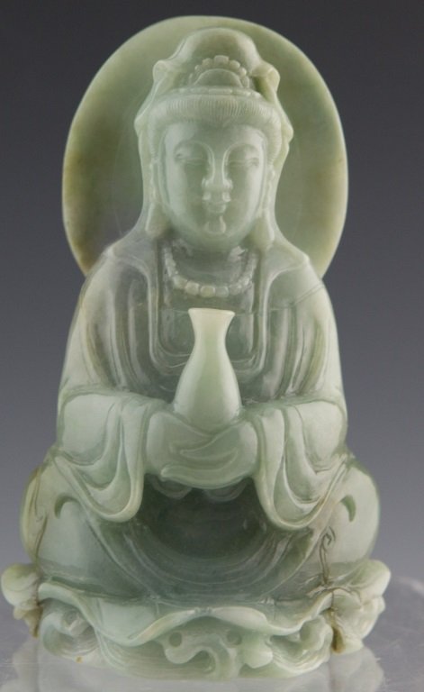 CHINESE GREEN & LAVENDER JADEITE GUANYIN STATUE (1 of 3)