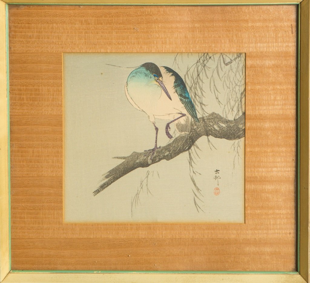 OHARA KOSON JAPANESE WOODBLOCK PRINT HERON: OHARA KOSON JAPANESE WOODBLOCK PRINT HERON Japanese woodblock print; artist Ohara Koson (Shoson), "Heron on Branch", set in frame under glass with natural fiber matting. Size: 15 x 16" including frame