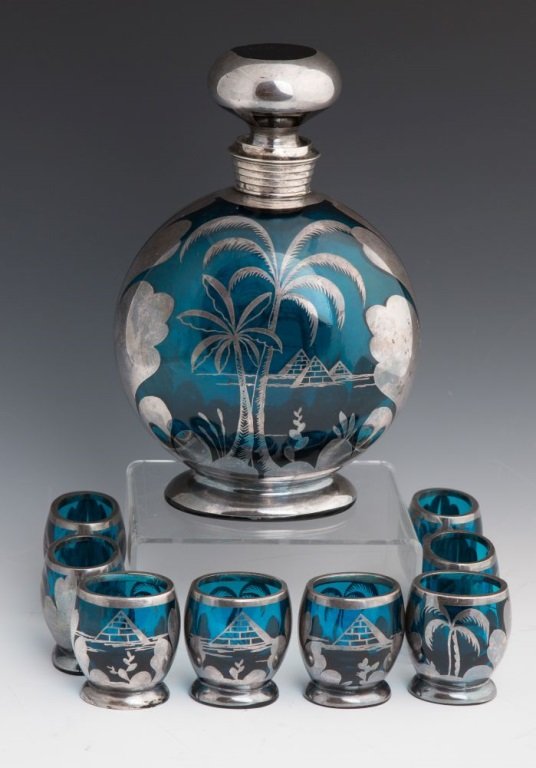 8 PIECE TEAL GLASS W SILVER OVERLAY DECANTER SET (1 of 4)