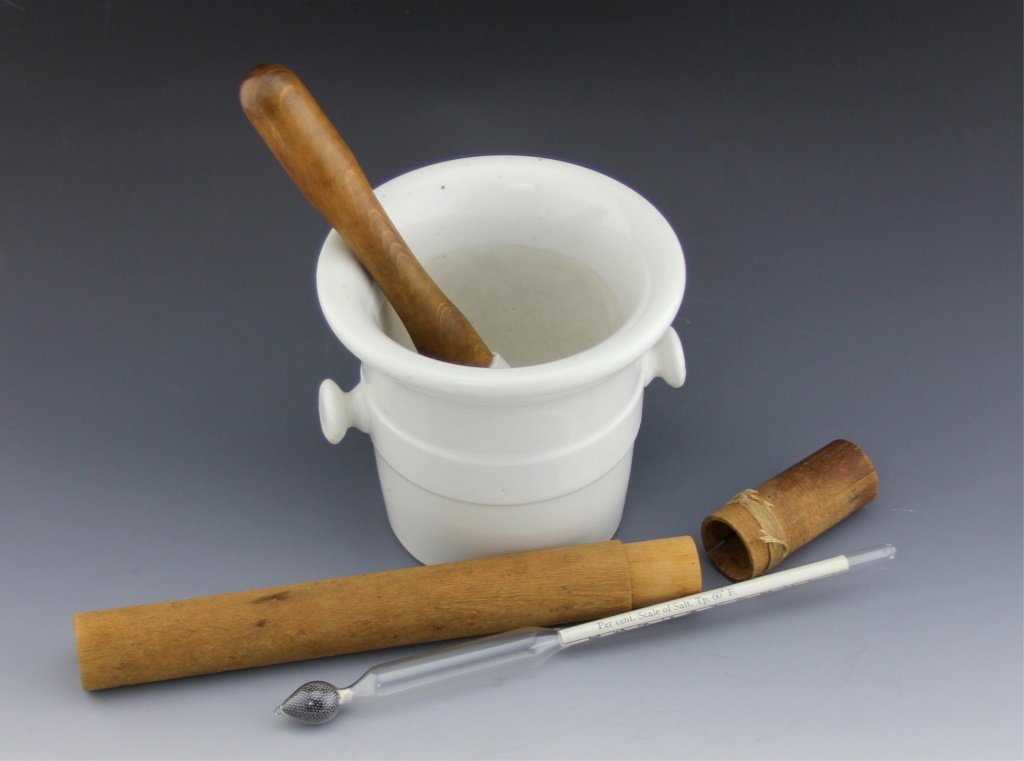 APOTHECARY MORTAR & PESTLE AND GLASS SALINE TESTER (1 of 4)