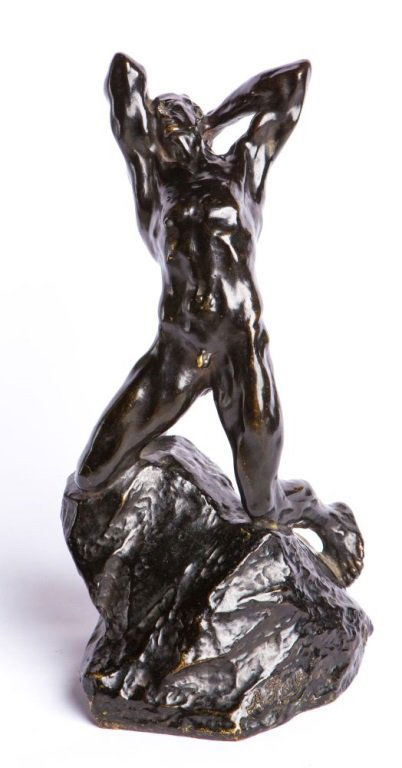 AFTER ALFREDO PINA THE SUPREME STUGGLE BRONZE: AFTER ALFREDO PINA THE SUPREME STUGGLE BRONZE After Alfredo Pina (Italian/French, 1883-1966), black patinated bronze statue, "Homme à genoux sur un rocher" (The Supreme Struggle), signed in cast "A.