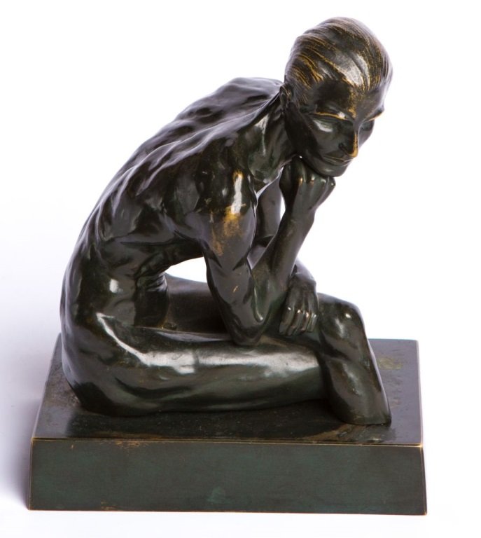 LILLY RONA SEATED FIGURE OF MAN BRONZE STATUE: LILLY RONA SEATED FIGURE OF MAN BRONZE STATUE Bronze statue depicting a seated man, set on bronze base. Etched by hand on base "Lilly Rona" and dated 1932. Size: 10 x 8 x 5"