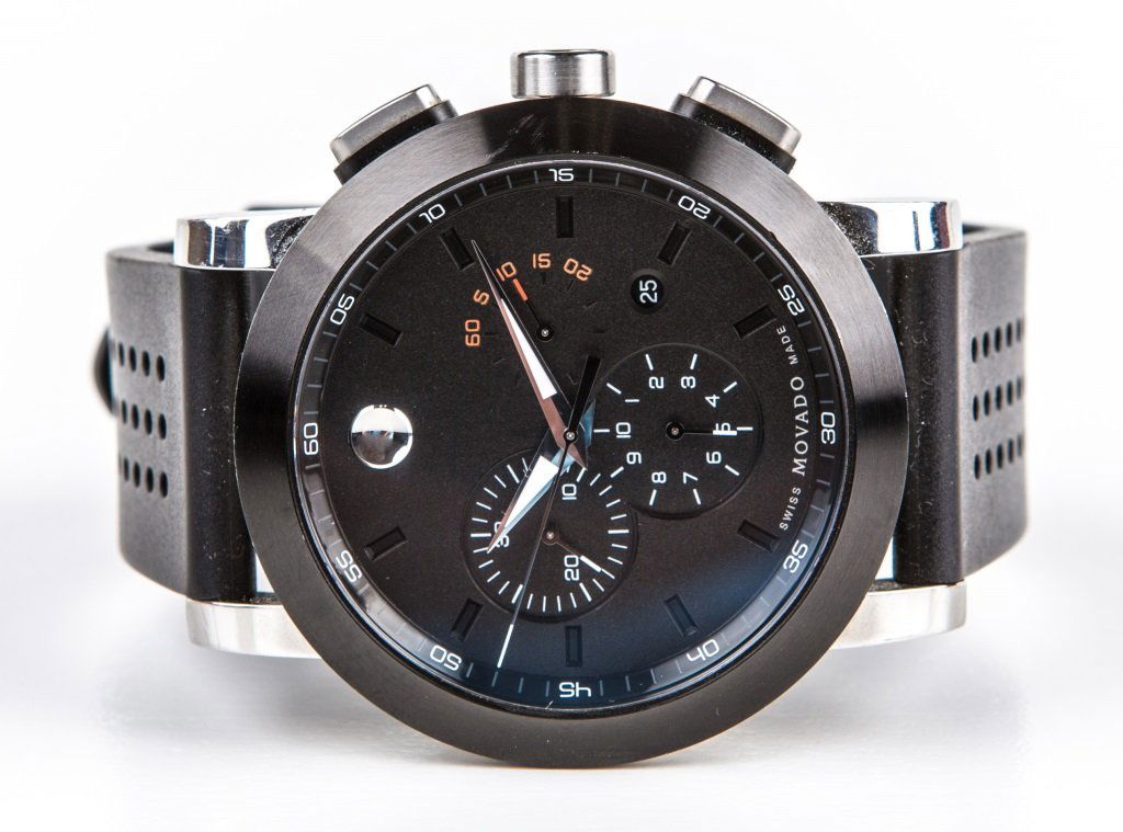 MEN'S MOVADO MUSEUM SPORT CHRONOGRAPH: MEN'S MOVADO MUSEUM SPORT CHRONOGRAPH Men's Movado Museum Sport Chronograph. 44mm. Luminescent hands with orange accents. Three subdials. Perforated rubber band. Swiss quartz chronograph movement. Wat