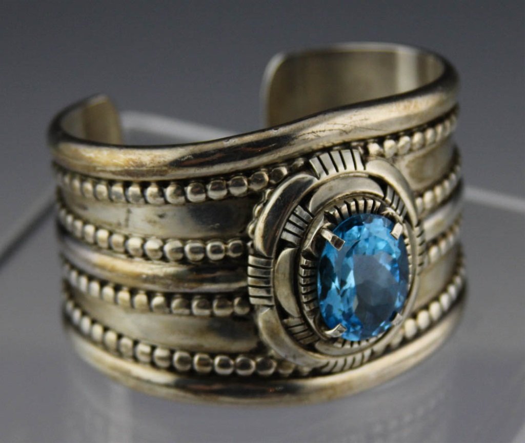 TOM LEWIS NAVAJO STERLING SILVER & TOPAZ CUFF (1 of 4)