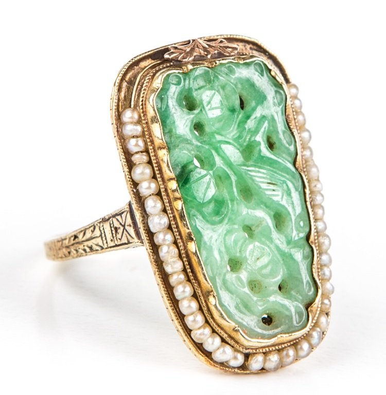 LADIES 14K YELLOW GOLD & CARVED JADE RING (1 of 3)