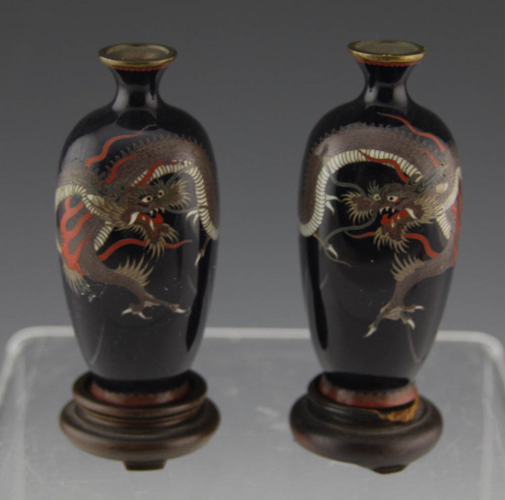 PAIR OF SMALL CHINESE CLOISONNE VASES WITH BASES (1 of 5)