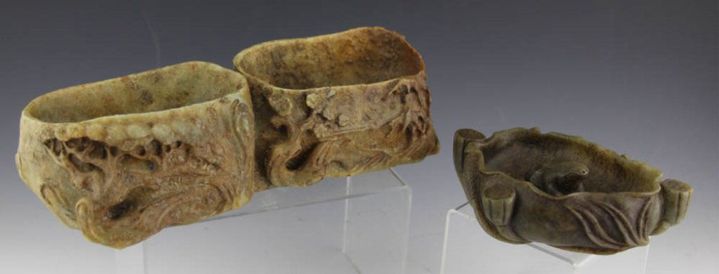 (2) CARVED SOFT STONE BRUSH POTS (1 of 5)