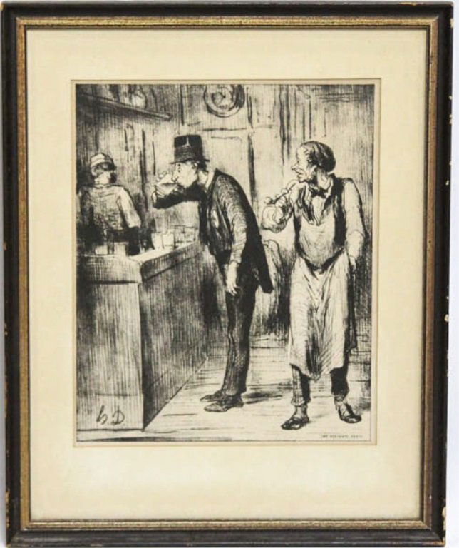 HONORE DAUMIER AMI DE PERSONNE LITHO FRAMED: HONORE DAUMIER AMI DE PERSONNE LITHO FRAMED Honoré Daumier (French cartoonist, 1808-1879), lithograph of, "Ami de Personne." Set in a wooden frame under glass. Image size is 8.75 x 10.5". Size: 13 x