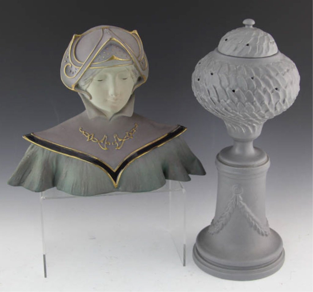 LOT OF TWO POTTERY BUST & LIDDED CENSER - MARKED (1 of 5)