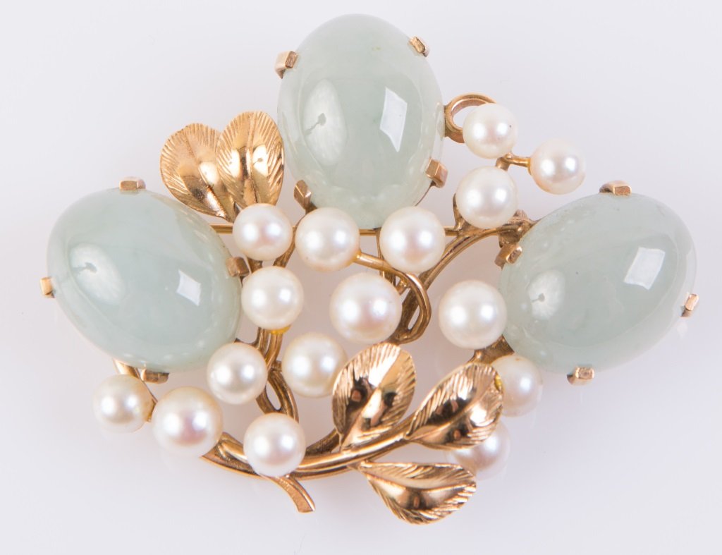LADIES 14K YELLOW GOLD PEARL AND JADE BROOCH (1 of 3)