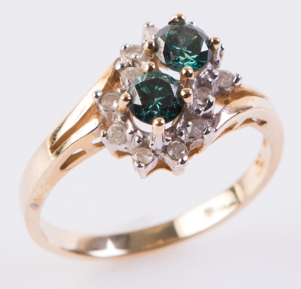 LADIES 14K YELLOW GOLD BLUE & WHITE DIAMOND RING (1 of 3)