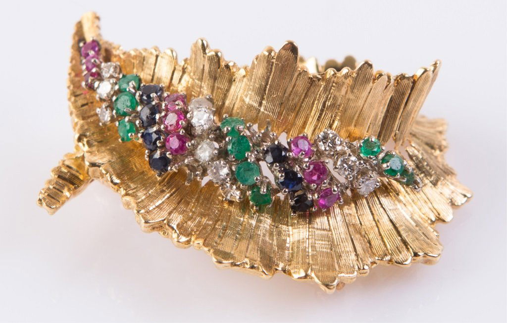 LADIES 18K YELLOW GOLD MULTISTONE BROOCH (1 of 3)