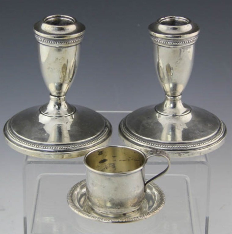 LOT OF 4 STERLING SILVER CANDLESTICKS CUP & SAUCER (1 of 3)