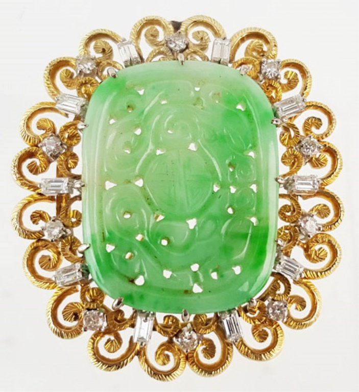 LADIES 18K CHINESE JADE & DIAMOND BROOCH PENDANT (1 of 9)
