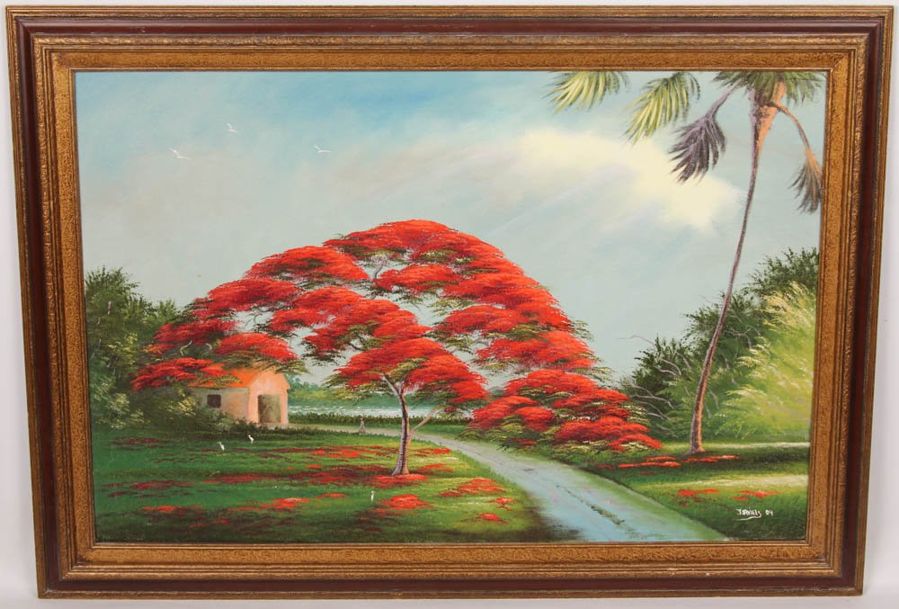JOHNNY DANIELS ROYAL POINCIANA OIL ON BOARD: JOHNNY DANIELS ROYAL POINCIANA OIL ON BOARD Johnny Daniels (American, 1954-2009), Florida Highwaymen artist, oil on masonite board depicting a royal poinciana landscape. Signed in the lower right corn