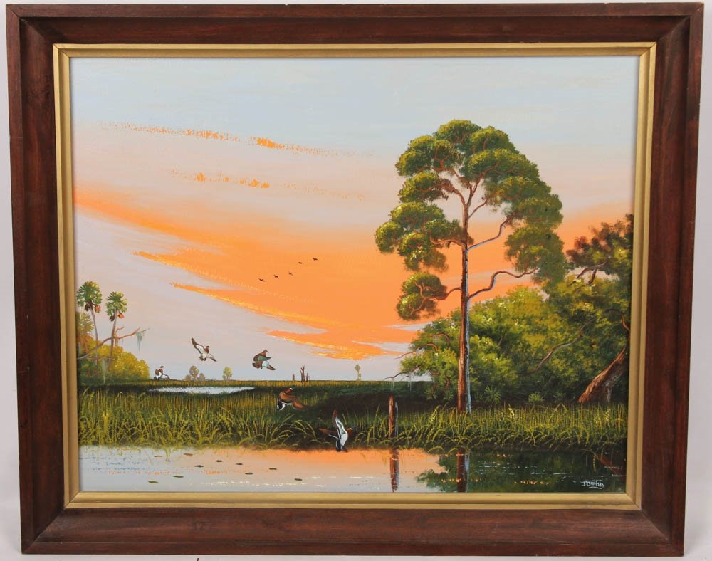 JOHNNY DANIELS SUNSET WITH MALLARDS OIL ON BOARD: JOHNNY DANIELS SUNSET WITH MALLARDS OIL ON BOARD Johnny Daniels (American, 1954-2009), Florida Highwaymen artist, oil on masonite board depicting a sunset wetland scene with flying mallard ducks. Sign