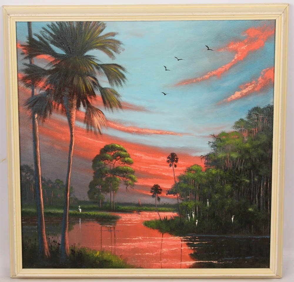 JOHNNY DANIELS SUNSET WETLAND OIL ON CANVAS: JOHNNY DANIELS SUNSET WETLAND OIL ON CANVAS Johnny Daniels (American, 1954-2009), Florida Highwaymen artist, oil on canvas depicting a sunset wetland scene. Signed in the lower center. Canvas is 24 x 
