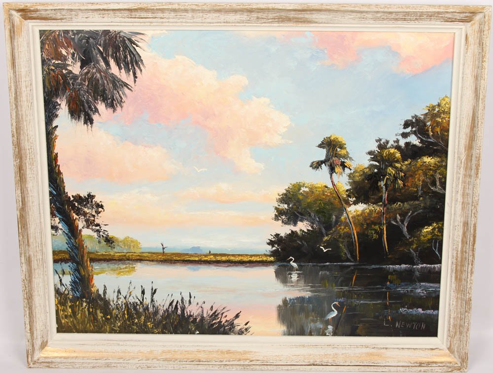 LEM NEWTON DAYLIGHT WETLAND SCENE OIL ON BOARD (1 of 4)