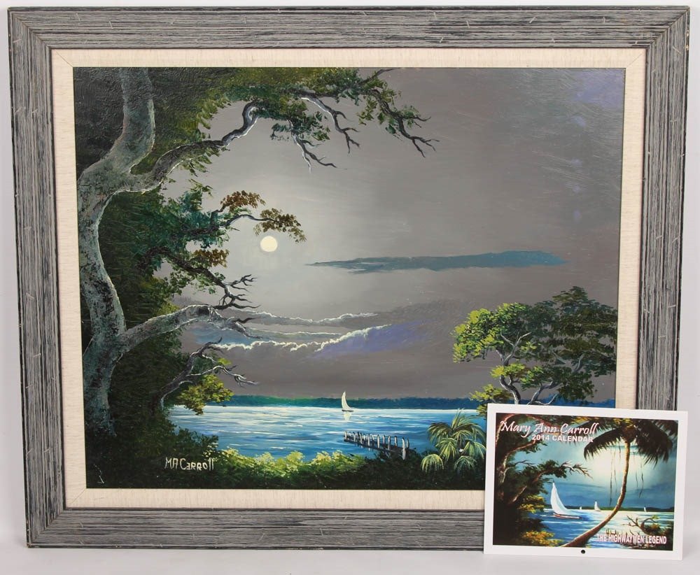 MARY ANN CARROLL NIGHTTIME DOCK SCENE OIL ON BOARD (1 of 5)