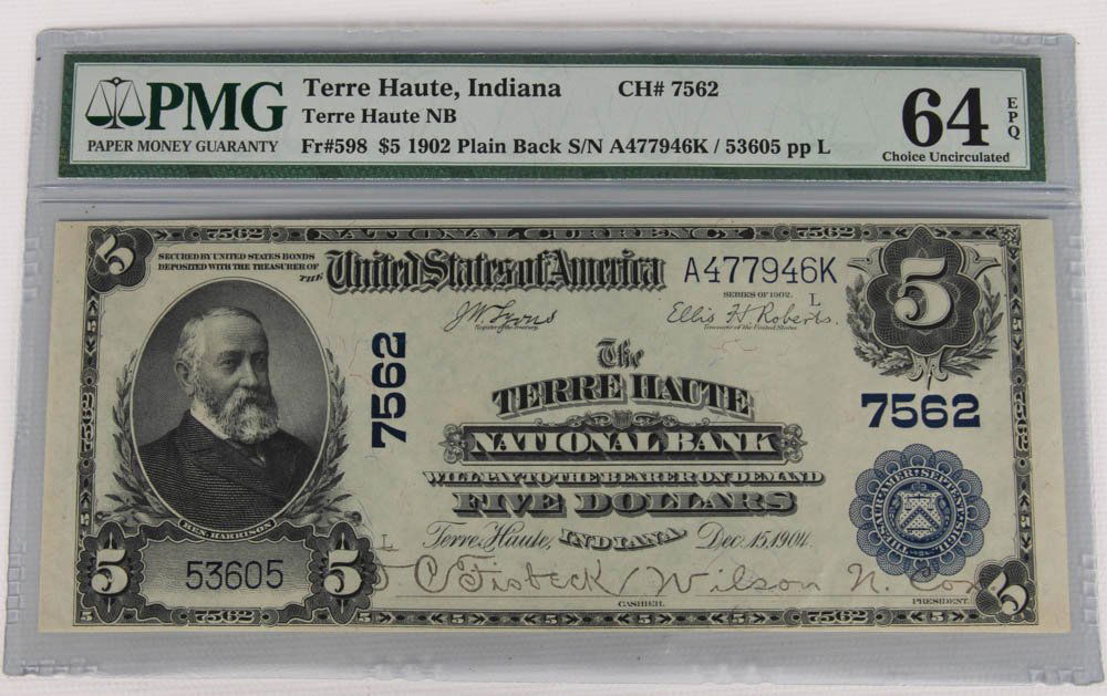 1902 US $5 TERRE HAUTE IN PLAIN BLACK S/N PMG CERT (1 of 7)