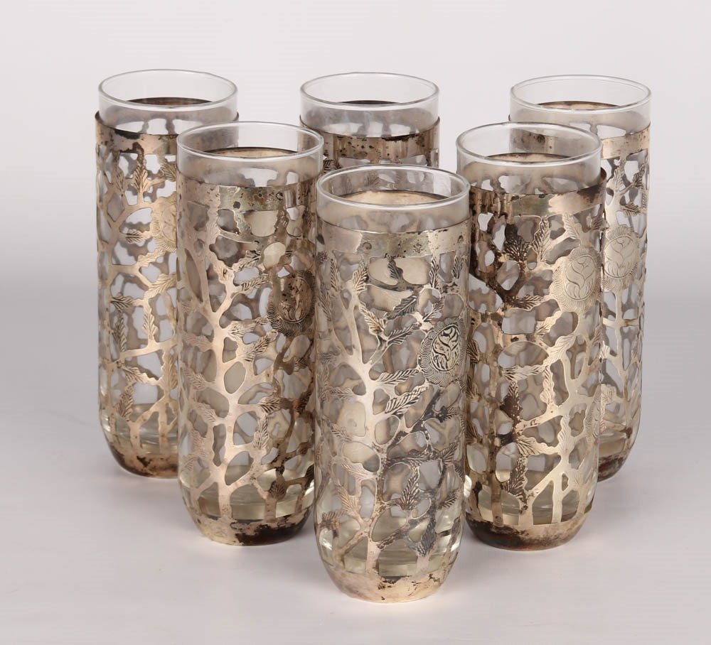 LOT OF SIX STERLING SILVER OVERLAY GLASSES (1 of 4)