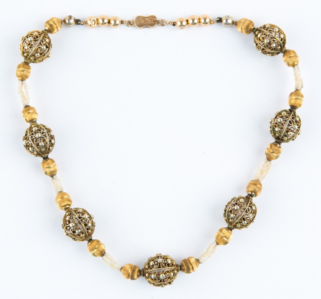 LADIES 14K YELLOW GOLD BEAD & SEED PEARL NECKLACE (1 of 4)