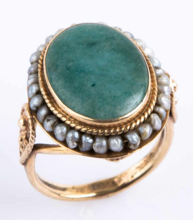LADIES 14K YELLOW GOLD JADE & PEARL RING (1 of 3)