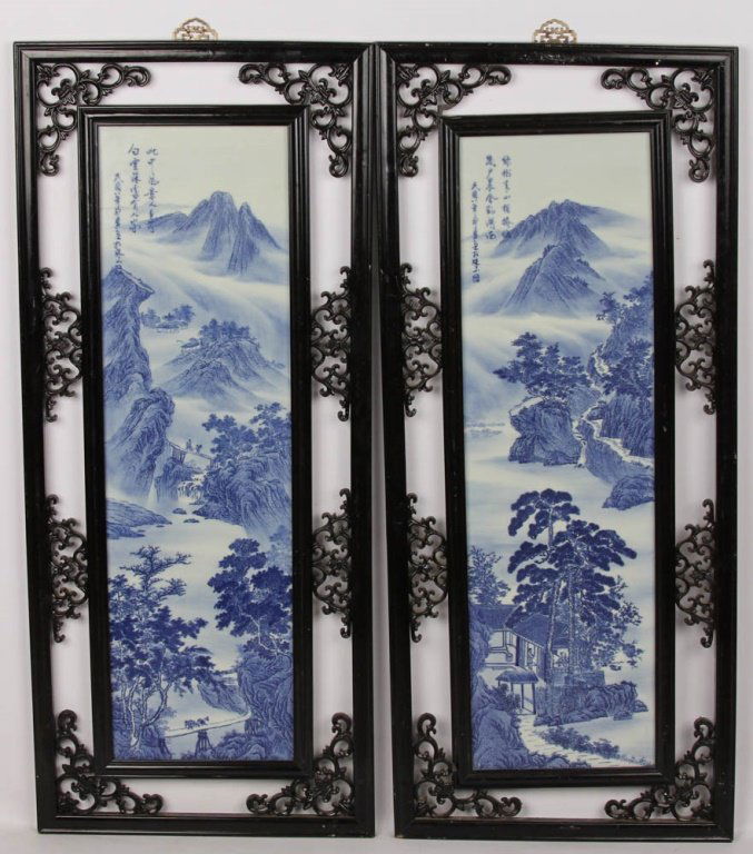PAIR OF FRAMED BLUE AND WHITE CERAMIC PANELS (1 of 6)