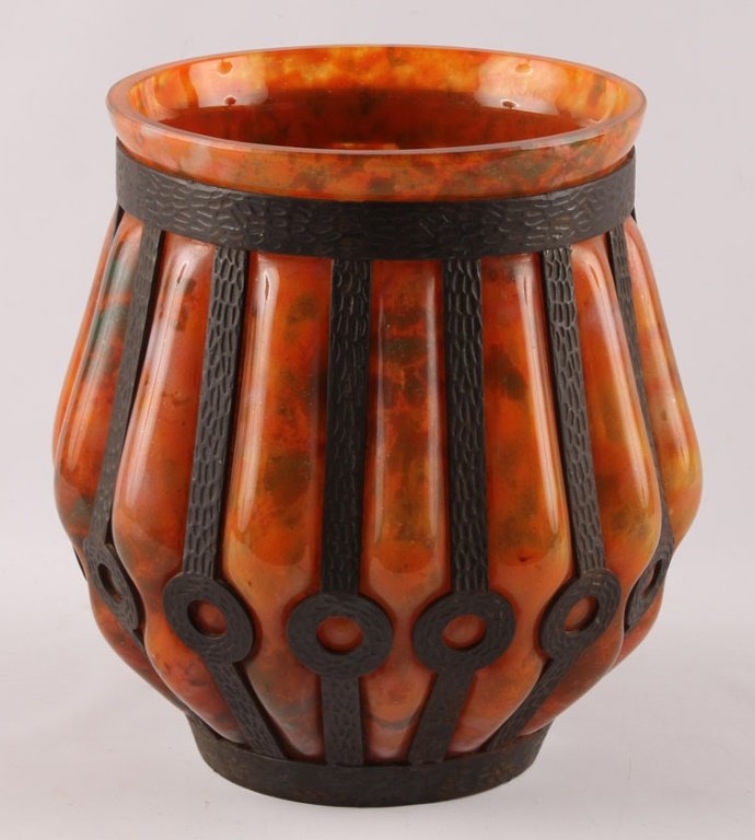 DAUM LORRAINE FRANCE GLASS & WROUGHT IRON VASE (1 of 4)