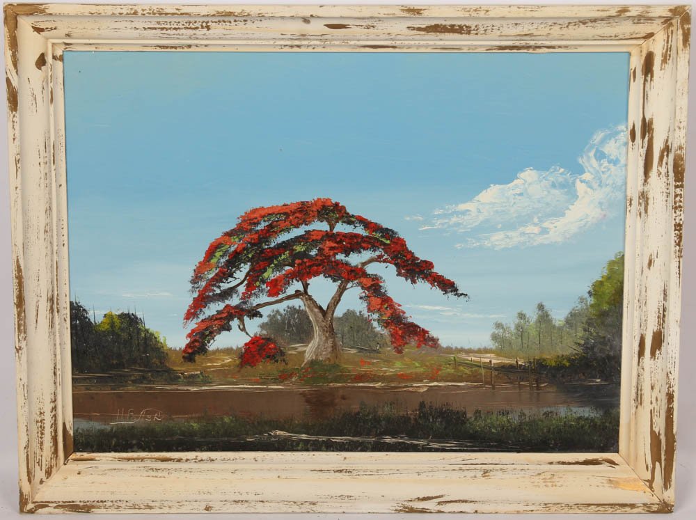 HORACE FOSTER ROYAL POINCIANA OIL ON BOARD: HORACE FOSTER ROYAL POINCIANA OIL ON BOARD Horace Foster (American, 20th C.), oil on masonite board depicting a royal poinciana in front of a blue sky. Signed in the lower left corner. Board is 24 x 1