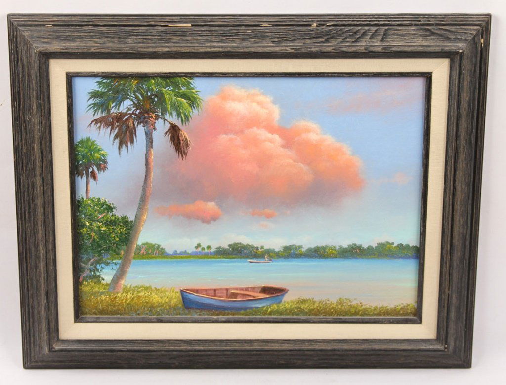 AHMED ELTEMTAMY OIL ON BOARD WATER SCENE WITH BOAT (1 of 4)