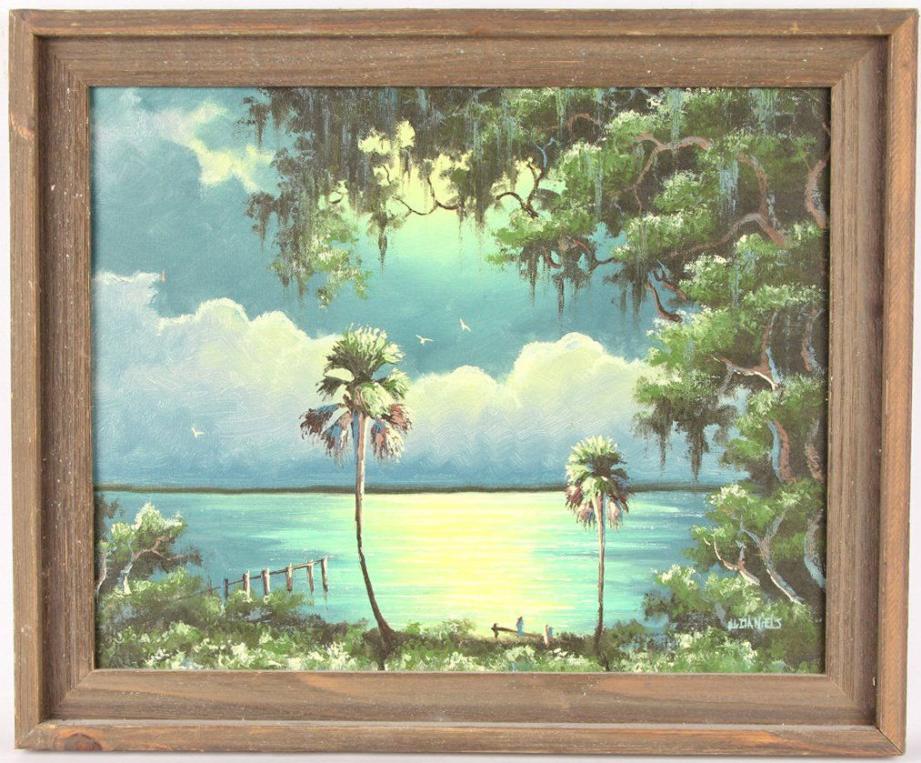 WILLIE DANIELS FLORIDA HIGHWAYMEN NIGHT DOCK SCENE: WILLIE DANIELS FLORIDA HIGHWAYMEN NIGHT DOCK SCENE Willie Daniels (American, b.1953), Florida Highwaymen artist, oil on canvas board, depicting a nighttime dock scene. Signed lower right, set in wood