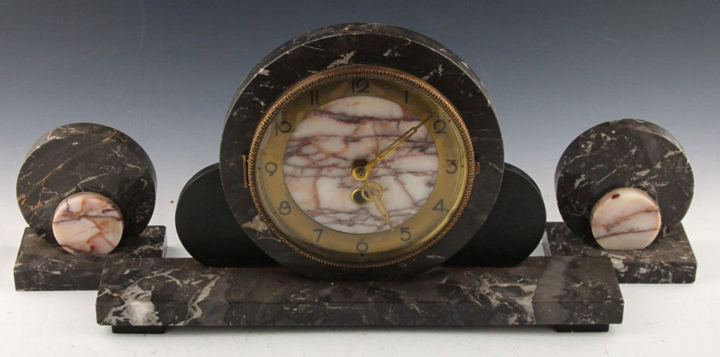 ART DECO (3) PIECE MARBLE MANTLE CLOCK SET (1 of 3)