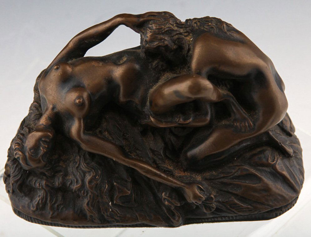 LATE 19TH C J M LAMBEAUX EROTIC BRONZE STATUE: LATE 19TH C J M LAMBEAUX EROTIC BRONZE STATUE Joseph Marie Thomas (Jef) Lambeaux (Belgian 1852 - 1908), bronze erotic sculpture of two women, signed in base, late 19th C. Size: 4.5 x 2.5 x 2.25"