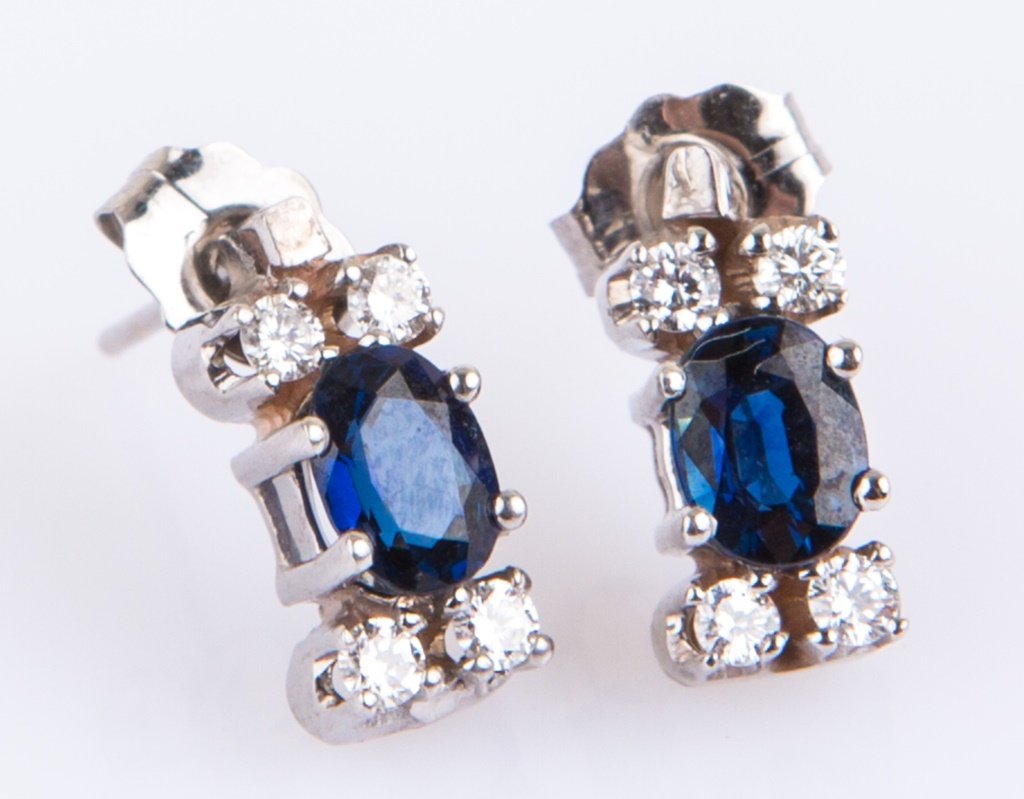 14K WHITE GOLD SAPPHIRE DIAMOND STUD EARRINGS (1 of 3)