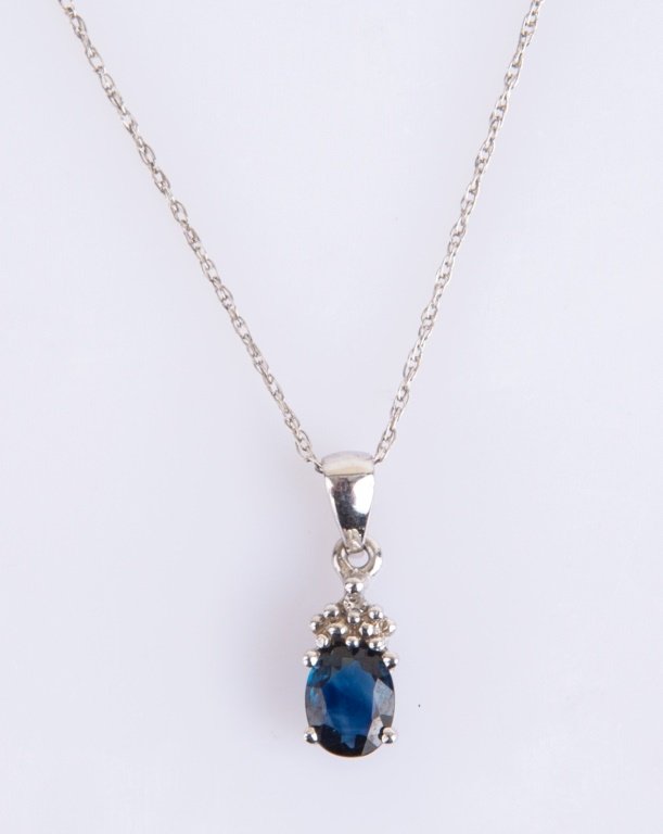 14K WHITE GOLD OVAL BLUE SAPPHIRE DIAMOND NECKLACE (1 of 3)