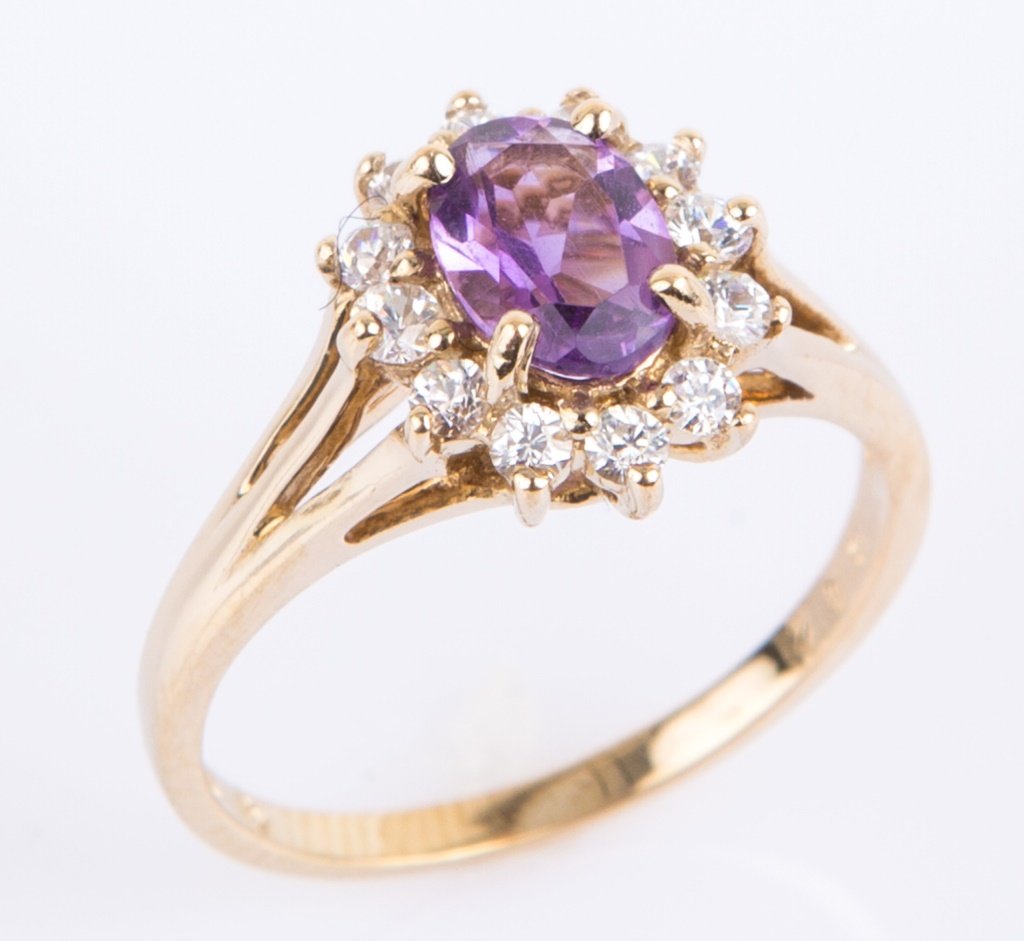 14K YELLOW GOLD OVAL AMETHYST DIAMOND HALO RING (1 of 3)