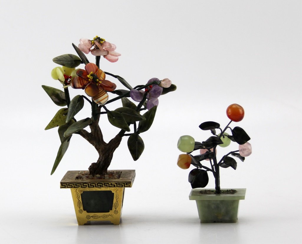 (2) MINIATURE JADE STONE TREES WITH POTS (1 of 4)