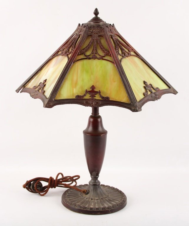 LIGHT GREEN SLAG GLASS LAMP WITH METAL BASE (1 of 5)