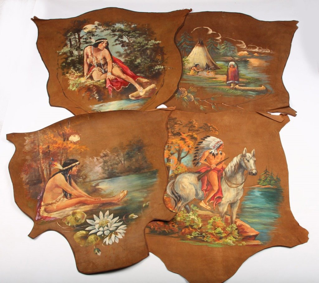 4 NATIVE AMERICAN PAINTINGS ON LEATHER (1 of 5)
