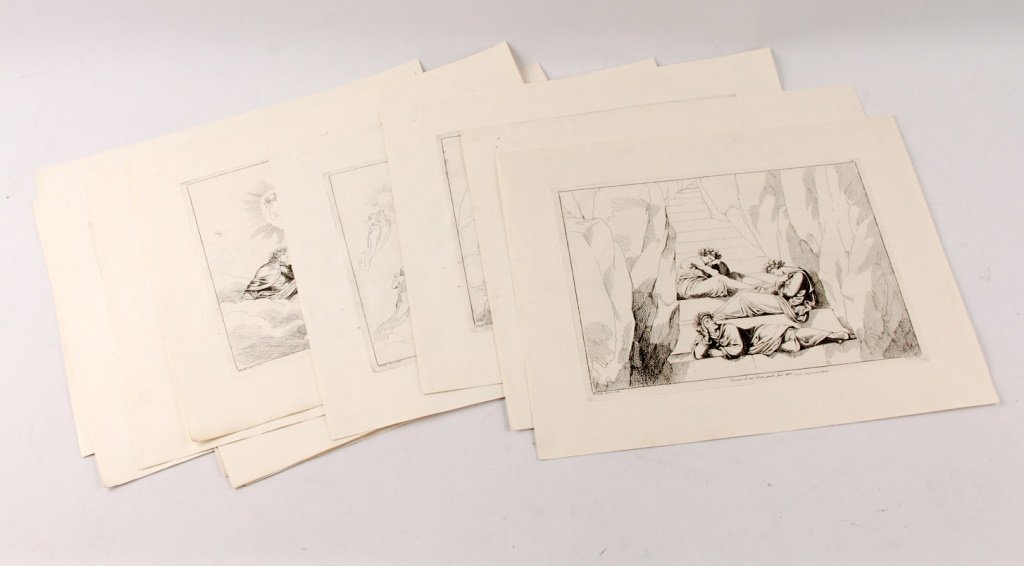 12 BARTOLOMEO PINELLI DANTE INSPIRED ENGRAVINGS: 12 BARTOLOMEO PINELLI DANTE INSPIRED ENGRAVINGS Bartolomeo Pinelli (Italian, 1771-1835) collection of 12 engravings inspired by Dante Alighieri's Divine Comedy. Each Has a 14 x 10.5" plate size and a
