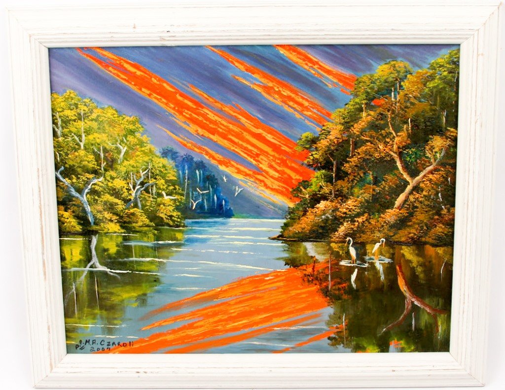 MARY ANN CARROLL FL HIGHWAYMEN 2007 OIL ON CANVAS: MARY ANN CARROLL FL HIGHWAYMEN 2007 OIL ON CANVAS Mary Ann Carroll (American, b. 1940), Florida Highwaymen artist, oil on canvas depicting a fire sky sunset over a Florida wetland. Signed in the lower