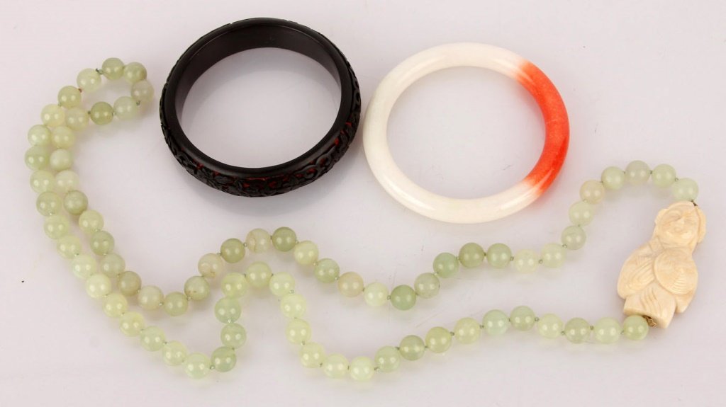 LOT OF 3 GREEN ORANGE WHITE JADE CINNABAR JEWELRY (1 of 5)