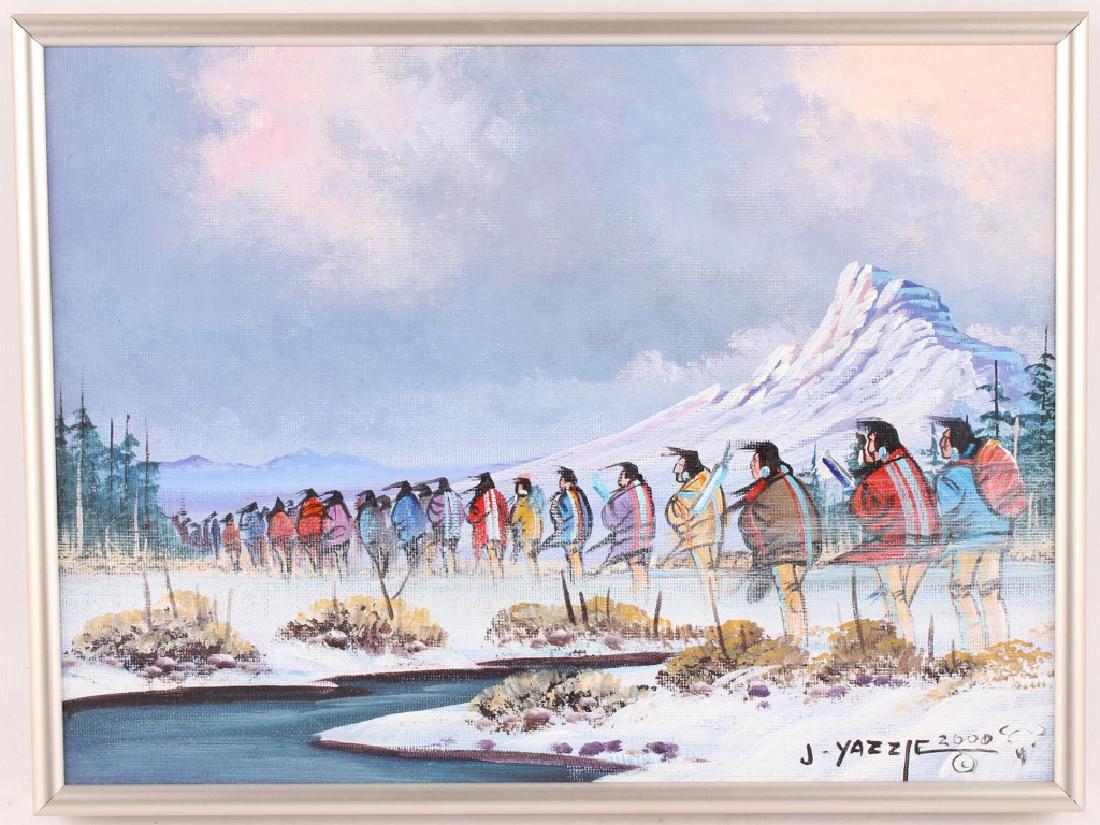 J W YAZZIE TRAIL OF TEARS OIL ON CANVAS 2000: J W YAZZIE TRAIL OF TEARS OIL ON CANVAS 2000 James Wayne Yazzie (American, 1943-1969), "Trail of Tears", oil on canvas, dated 2000. Signed in lower right, set in metal frame. Size: 9.25 x 12" includin
