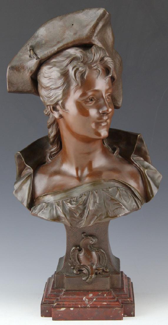 EMILY PINEDO CAST BRONZE FLOREAL BUST ON MARBLE: EMILY PINEDO CAST BRONZE FLOREAL BUST ON MARBLE Cast bronze statue by Emile Pinedo (French, 1840-1916), bust of woman wearing tricorne hat. Parisian foundry mark on side of base, "Pinedo" signature on