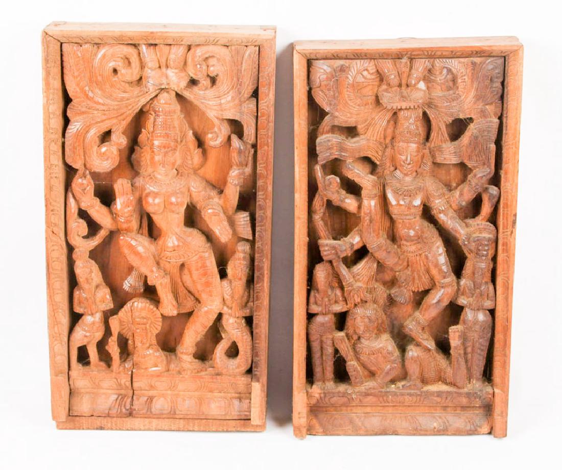 2 THAI RELIEF WOODEN TEMPLE WALL PLAQUE CARVINGS (1 of 4)