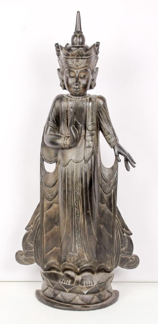 LARGE WOODEN CARVED STANDING BUDDHA STATUE THAI (1 of 8)