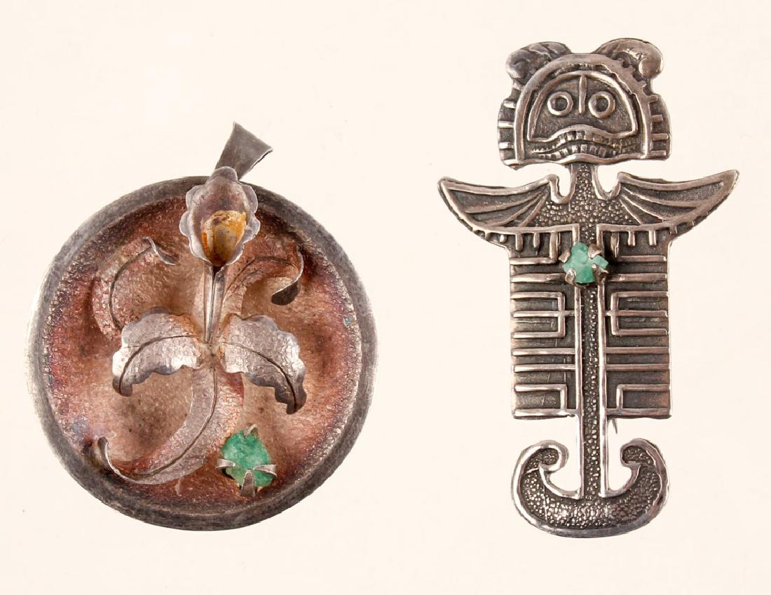 TWO MEXICAN 900 SILVER & EMERALD BROOCH/PENDANTS (1 of 3)