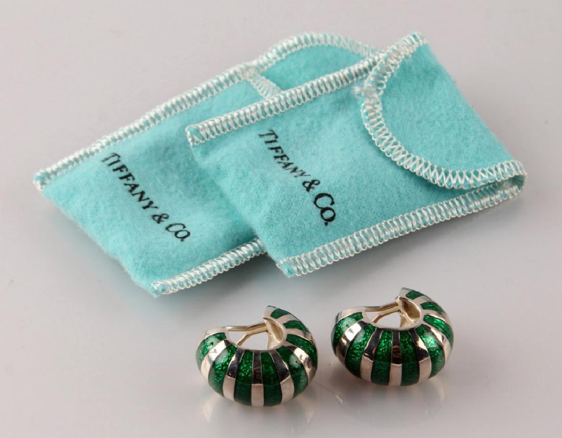 LADIES TIFFANY STERLING CLIP GREEN ENAMEL EARRINGS (1 of 4)