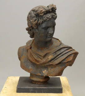 Cast Iron Bust Of Appolo: Cast iron bust of Appolo on custom base. 26" Ht..